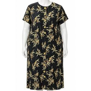 VTG Jessica Howard Midi Dress Plus 22 Black Brown Bamboo Leaf Print Asian Style